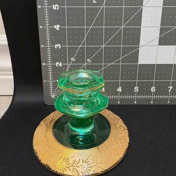 VTG Pair of Uranium Green Depression Glass Geometric Hexagon Taper Candle Holder - Picture 9 of 9